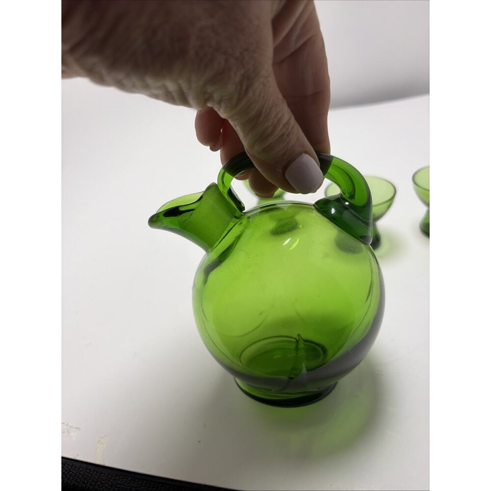 RARE Cambridge Green Small 5”Decanter & 4 Flat 1 OZ Cordials SUPERB! - Picture 3 of 10